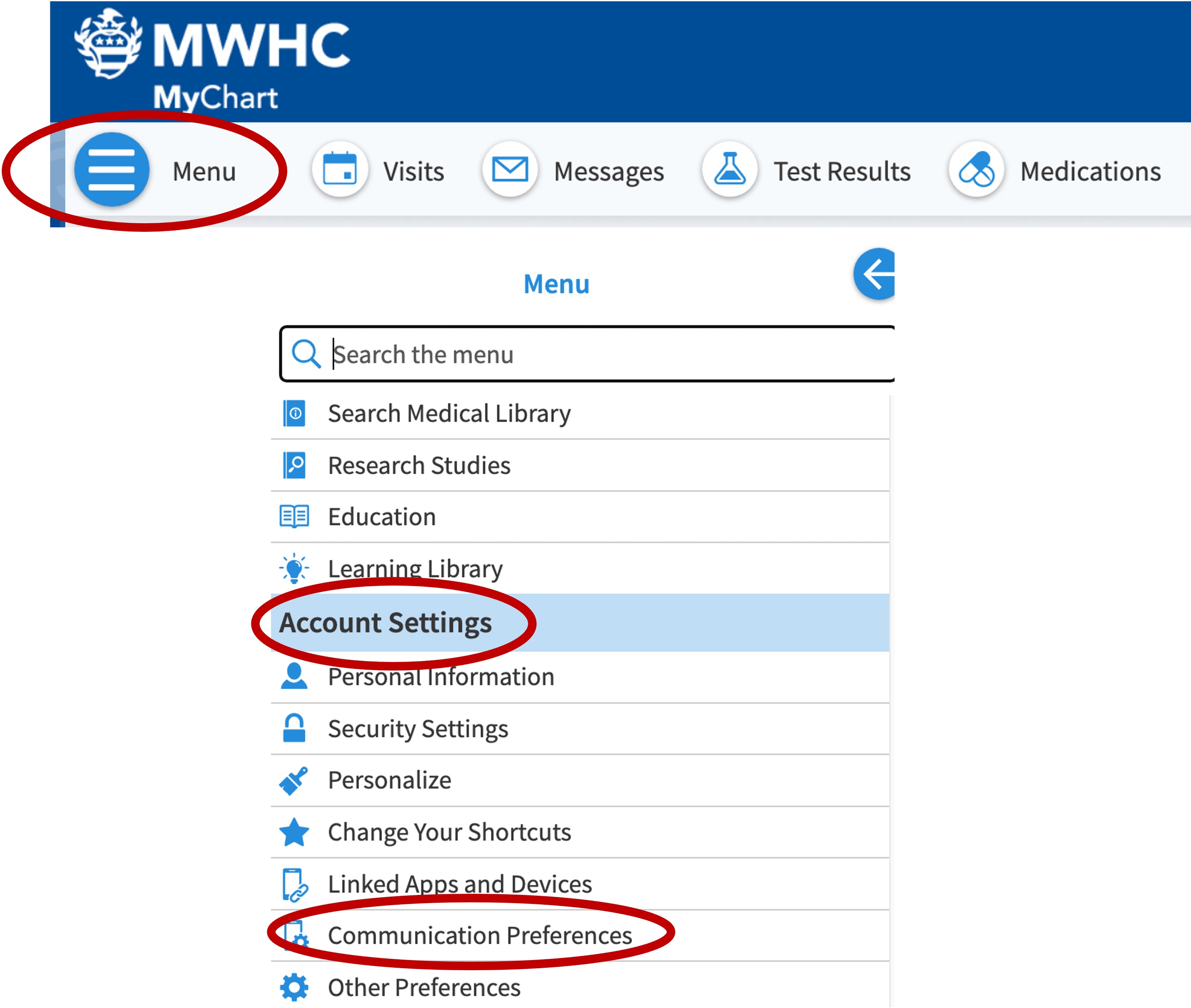 MyChart menu